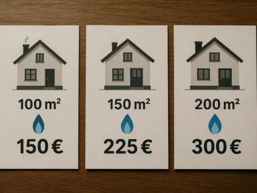 Szacunkowe roczne zużycie gazu w domu 100m² to 150€. Obok przykłady dla 150m² i 200m².
