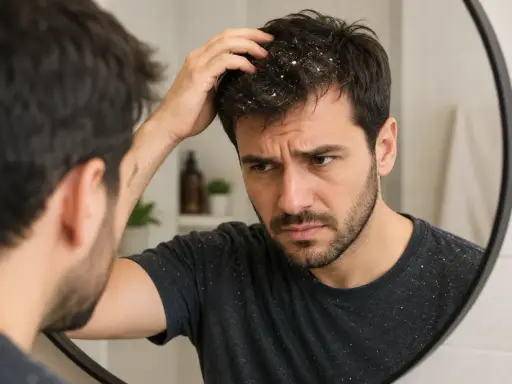 Mężczyzna zmartwiony łupieżem na ciemnych włosach, który osypuje się na jego koszulkę. Nawet jego **baby hair** wydają się być dotknięte problemem.