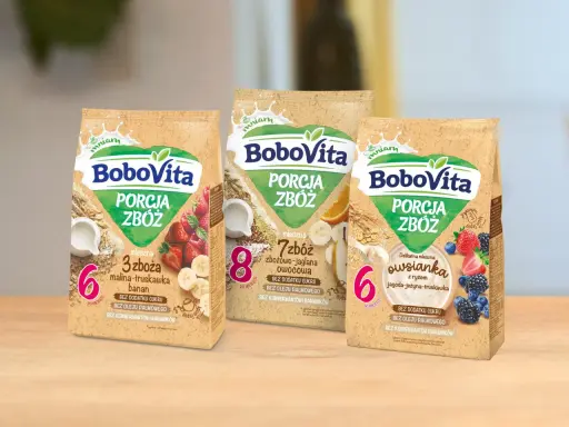 BoboVita: kaszki dla niemowląt z maliną, truskawką, bananem, owocami leśnymi i ryżem. Zawierają żelazo.