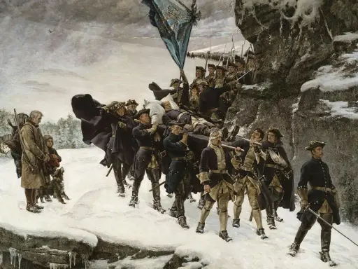Soldater bär en död kung över snöig mark. En scen som påminner om Sverige Danmark krig.