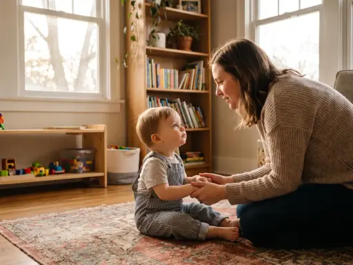 Mama uczy dziecko zasad dobrego wychowania, trzymając je za ręce. W tle regał z książkami i zabawki.