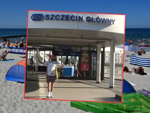 Plaża i ludzie wypoczywający nad morzem, a obok dworzec "Szczecin Główny". Czy Szczecin leży nad morzem? Wygląda na to, że tak!