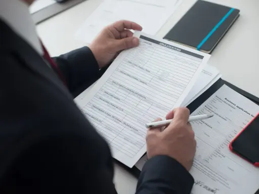 Biznesmen wypełnia formularz, szukając danych NIP, REGON. Na biurku leży też smartfon i notatnik.