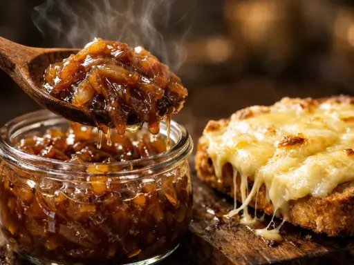 Une cuillère de confit d'oignon fumant dégouline vers un pot en verre. À côté, une tartine grillée est recouverte de fromage fondu.