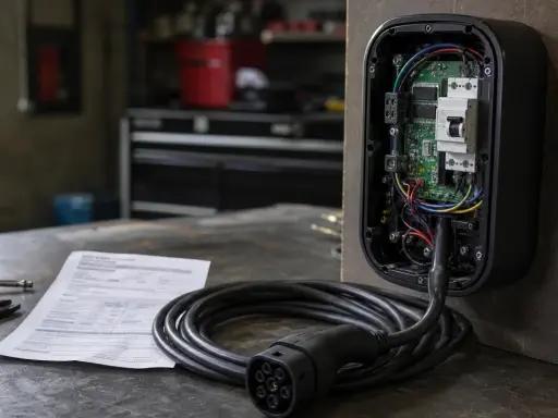Componenti interni di punti ricarica auto elettriche, con cavo e connettore in primo piano.