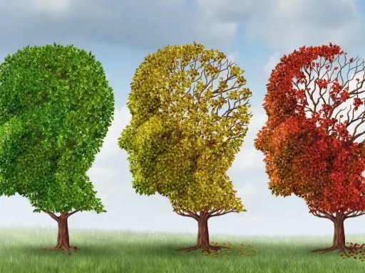 Tre alberi a forma di testa umana, dal verde rigoglioso al rosso spoglio, simboleggiano il declino cognitivo.