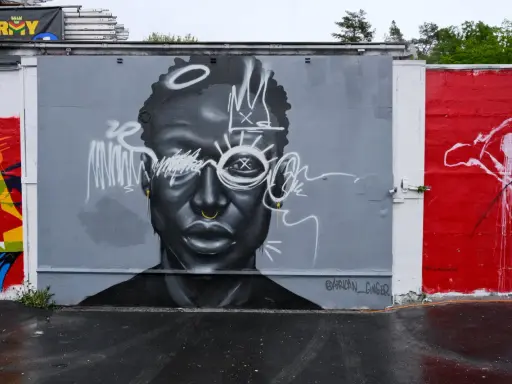 En imponerande **graffiti** av ett ansikte med en krona och solstrålar runt ögonen. Konstverket är målat i gråskala med vita detaljer.