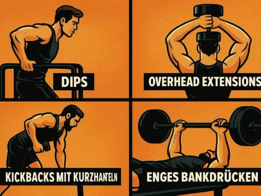 Vier Übungen für Bizeps Trizeps Training: Dips, Overhead Extensions, Kickbacks mit Kurzhantel, Enges Bankdrücken.