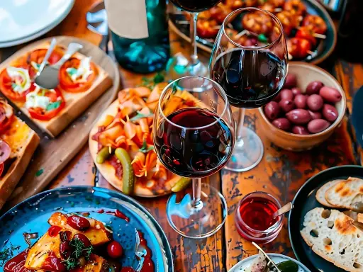 En härlig buffé med tapas och rödvin. Perfekt för en mysig kväll med goda vänner. Här finns inspiration till tapas recept.
