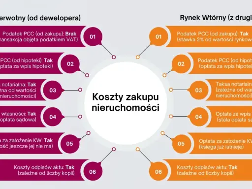 Koszty zakupu nieruchomości: porównanie rynku pierwotnego i wtórnego. Diagram przedstawia różnice w opłatach, np. podatek PCC, taksa notarialna, przy kupnie ułamkowej części nieruchomości.