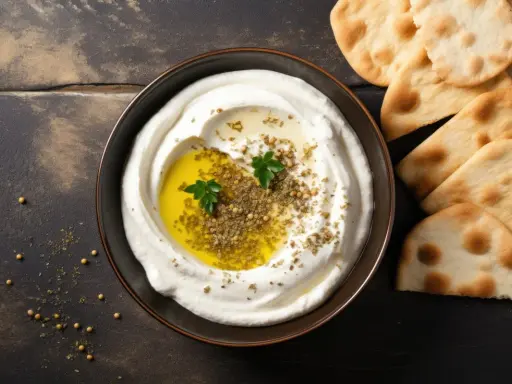 Gęsty, kremowy labneh co to? To pyszna, lekko kwaśna pasta jogurtowa, polana oliwą i posypana ziołami, podana z chrupiącym pieczywem.