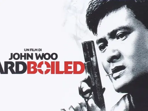 Locandina del film "Hard Boiled" di John Woo. Il significato di "hard boiled" si riflette nel volto intenso e nella pistola del protagonista.