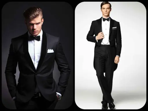 Two men in sharp black cocktail attire. One sports a modern tuxedo with a shawl collar, the other a classic tailcoat.
