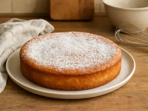 Gâteau lorrain saupoudré de sucre glace, prêt à être dégusté. Un délice pour un repas convivial.