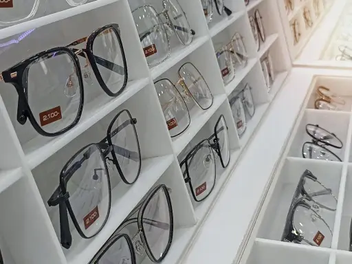 Eleganckie okulary w różnych stylach, niektóre z ceną 2,100. To najdroższe szkła do okularów, które można znaleźć w tym sklepie.