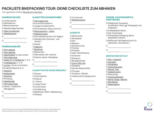 Bikepacking Packliste: Checkliste für deine Tour. Von Fahrradtaschen bis zur Reiseapotheke, alles dabei.