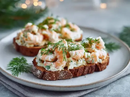 Två skagen toast med räkor och dill på mörkt bröd, en klassisk svensk delikatess.