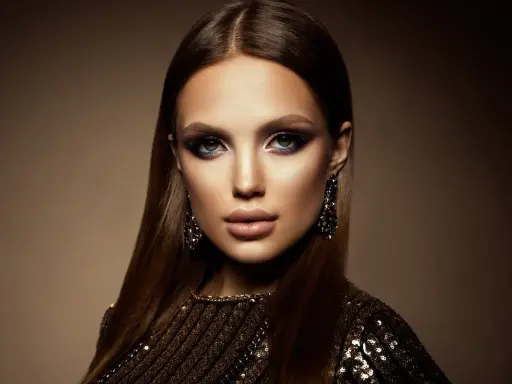 Mujer con un look de **soft goth makeup**, ojos ahumados y labios definidos, luciendo pendientes largos y un vestido brillante.