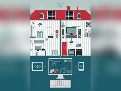 Ein Haus mit vernetzten Geräten, gesteuert über Computer und Tablets, zeigt den Schutz vor Hackern.