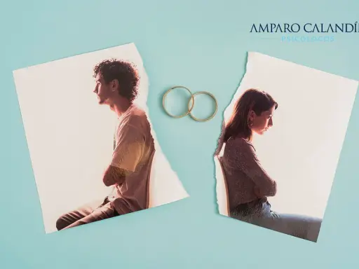 Dos fotos rasgadas de una pareja, separadas por dos anillos de boda, simbolizan un matrimonio infeliz.