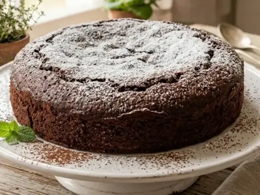 Torta all'acqua al cacao, soffice e golosa, spolverata di zucchero a velo e decorata con menta fresca.
