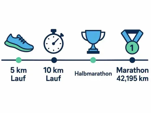 Laufziele: 5 km, 10 km, Halbmarathon, Marathon (42,195 km). Icons zeigen Fortschritt im Marathon Training.