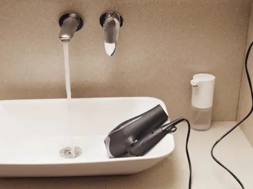 Prise salle de bain : un sèche-cheveux est posé dans un lavabo où coule l'eau. Un distributeur de savon et une prise électrique sont visibles.