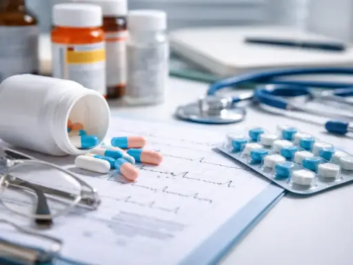 Kapsułki i tabletki, leki od psychiatry, leżą obok stetoskopu i okularów na dokumentach medycznych.