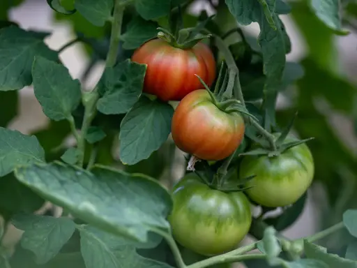 Grüne Tomaten reifen langsam, während einige bereits rot werden. Die Pflanzen sind üppig und grün.