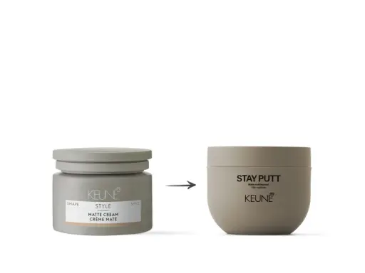 Zwei Keune Stylingprodukte: links die Matte Cream, rechts die Keune Power Paste Stay Putt für starken Halt.