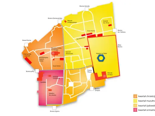 Kolorowa mapa Starego Miasta w Jerozolimie, pokazująca kwartały: chrześcijański, muzułmański, żydowski i ormiański.