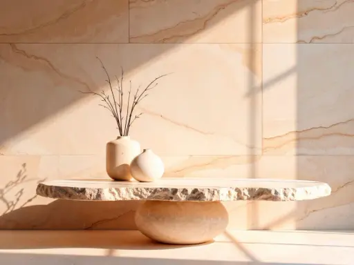 Dos jarrones de cerámica y ramas secas sobre una mesa de piedra de estilo minimalista, con luz solar creando sombras en una pared de mármol.
