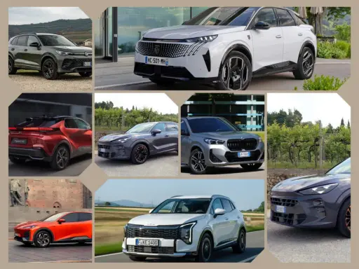 Vari SUV sportivi in diverse ambientazioni: un'auto grigia su sterrato, una bianca davanti a un edificio moderno, una rossa vista da dietro, una grigio scuro con dettagli arancioni, una grigio argento, un'arancione vicino a un muro di mattoni e una bia...