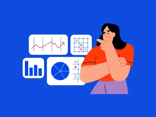 Mujer pensativa analizando gráficos y datos, considerando comprar acciones.