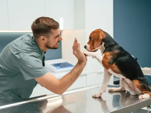 Vétérinaire encourageant un chien beagle sur une table d'examen. Si votre chien a une entorse, que faire ?