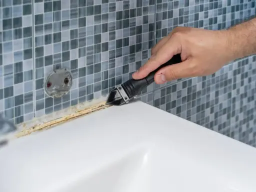 Mano usando una espátula para quitar silicona vieja y sucia de la bañera.