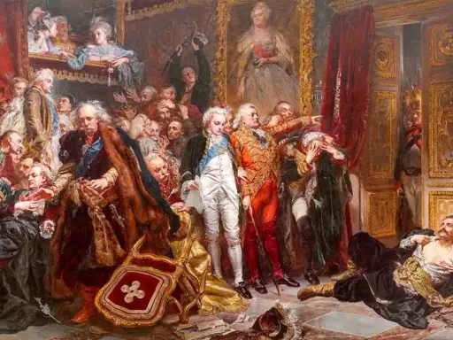 Scena dramatyczna przedstawia upadek Rzeczypospolitej. Wśród zgiełku i rozpaczy, postacie w bogatych strojach symbolizują schyłek państwa.