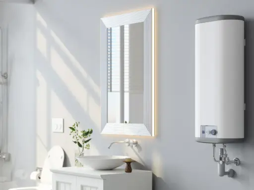 Modernes Badezimmer mit einem weißen Warmwasserspeicher, der wie ein durchlauferhitzer für warmwasserspeicher funktioniert. Daneben ein beleuchteter Spiegel.