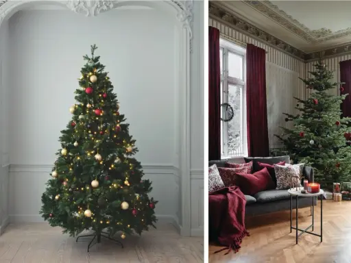 Två vackra julgranar, en i ett modernt rum och en i ett klassiskt, ger härlig julgrans inspo.