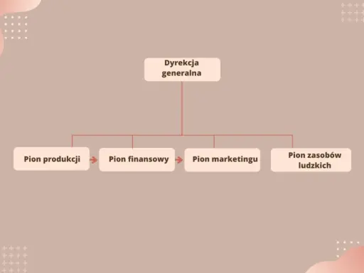 Schemat przedstawia płaską strukturę organizacyjną: Dyrekcja generalna nadzoruje piony: produkcji, finansowy, marketingu i zasobów ludzkich.