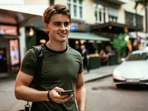 Ung man med mobiltelefon i handen, på en stadsgata med bilar och butiker. Känns som vårt hem utomlands.