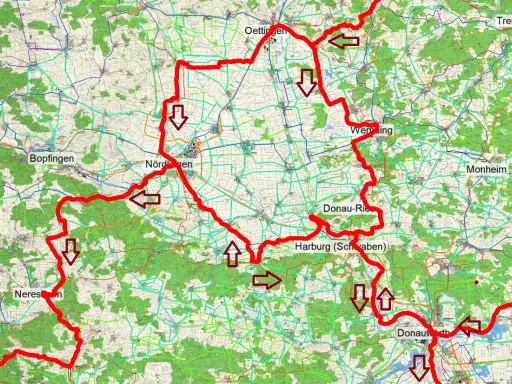 Karte mit markiertem Jakobsweg NRW, Städten wie Nördlingen und Harburg, sowie Pfeilen.