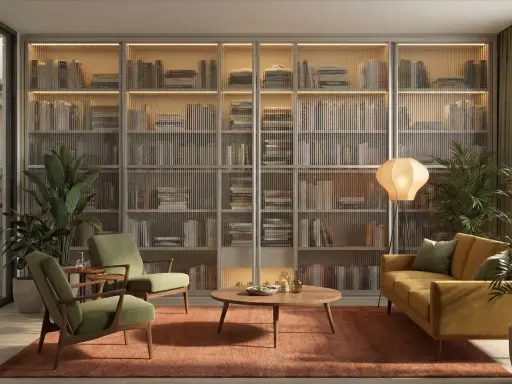 Przytulny salon w stylu modern classic z kanapą, fotelami i regałem pełnym książek.