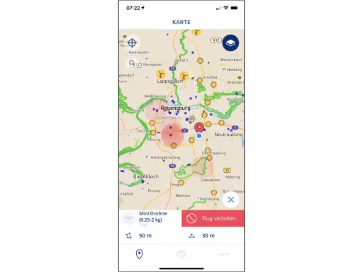 Die Drohnen-App zeigt eine Karte von Regensburg. Sie informiert, wo man mit einer Mini-Drohne fliegen darf und wo nicht.