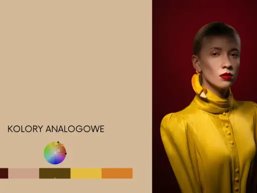 Kobieta w żółtej bluzce z bananowymi kolczykami, obok paleta kolorów analogowych.