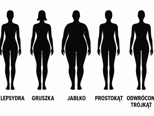 Pięć sylwetek kobiet prezentujących różne **female body types**: klepsydra, gruszka, jabłko, prostokąt, odwrócony trójkąt.