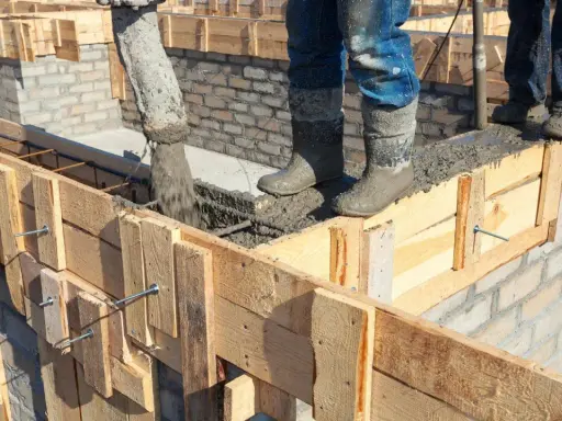 Vertiendo hormigón en el encofrado de construcción. Obreros con botas embarradas supervisan el proceso.