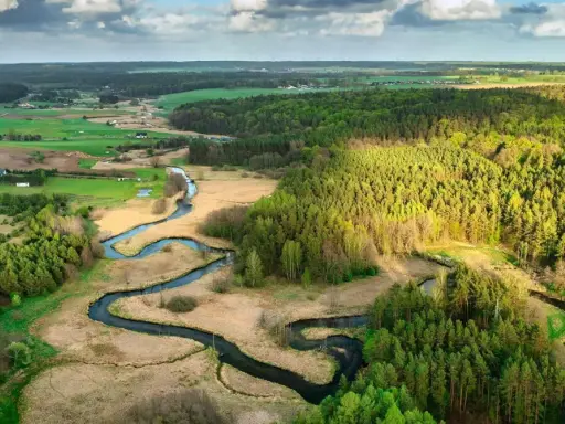 Malowniczy krajobraz z krętą rzeką, lasami i polami, ukazujący piękno parków krajobrazowych w Polsce.