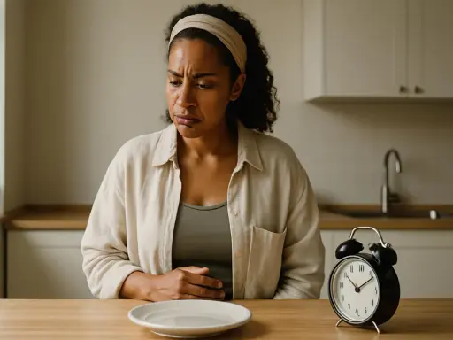 Donna con espressione sofferente tiene la mano sullo stomaco, un piatto vuoto davanti. L'orologio segna l'ora, suggerendo un problema di mangiare in continuazione, forse una malattia.