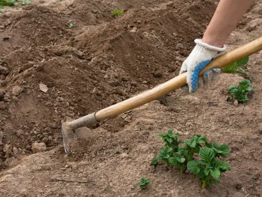 Mano enguantada usa una azada para trabajar la tierra, mostrando varios tipos de azadas para cultivar.